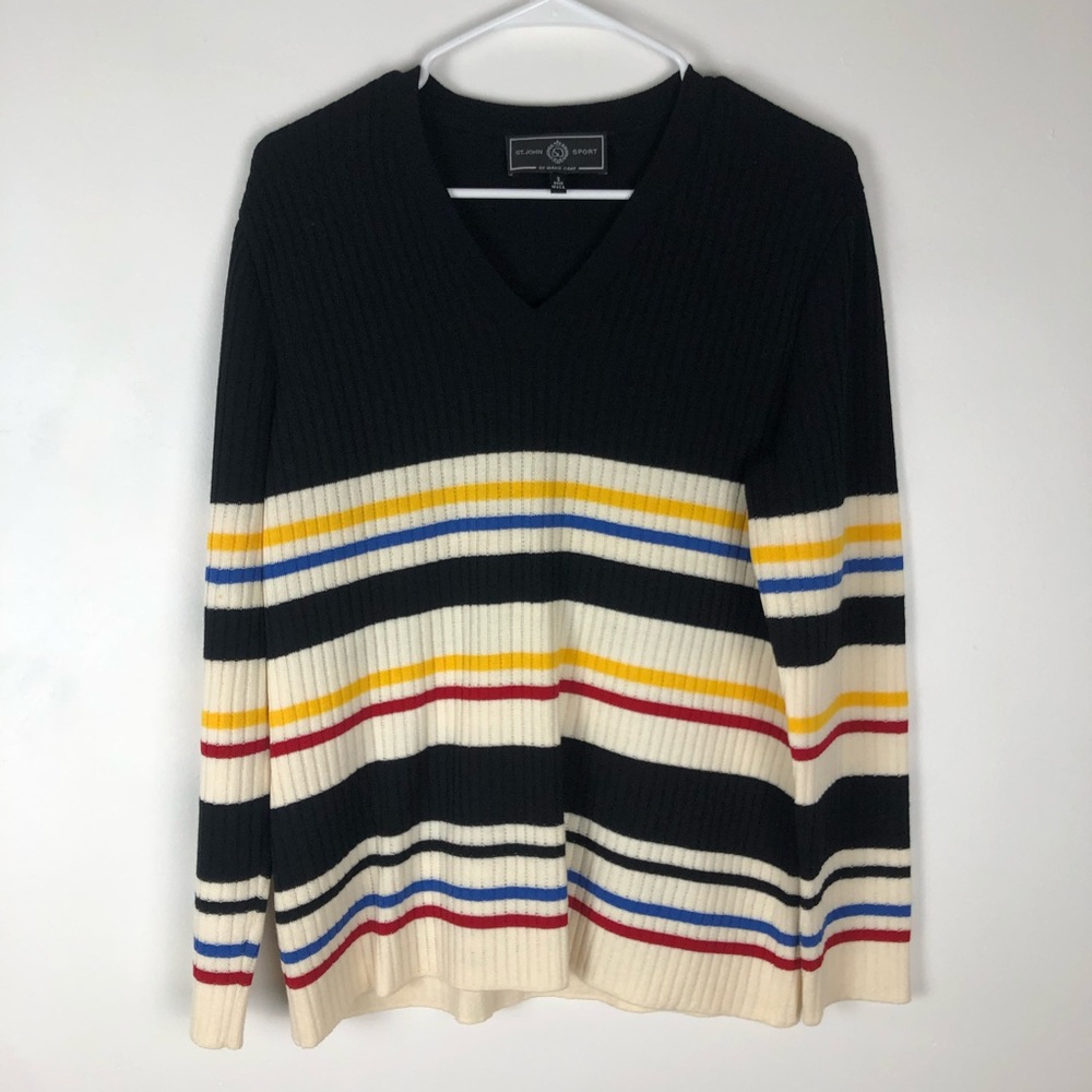 ST. JOHN SPORT Striped Ribbed Wool Sweater Small
